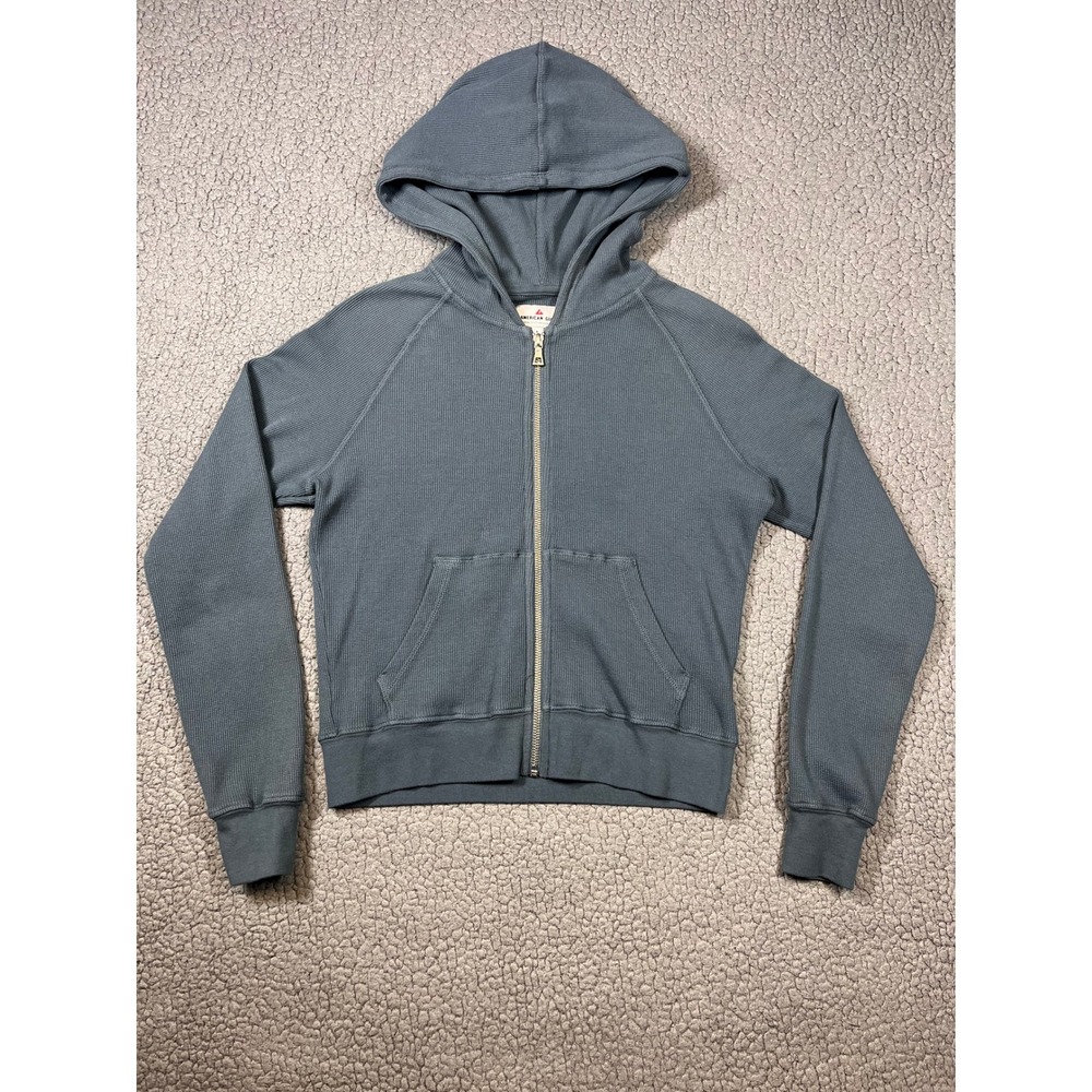 American Giant Womens Waffle Knit Thermal Zip Up Hoodie Slate Blue Gray Small